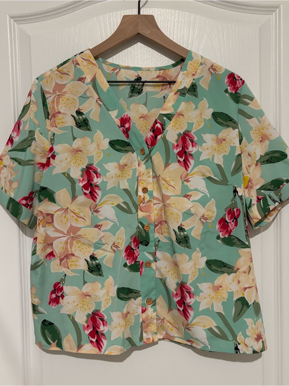 SHEIN Mint Floral Button-Down Blouse with Yellow & Pink Blooms